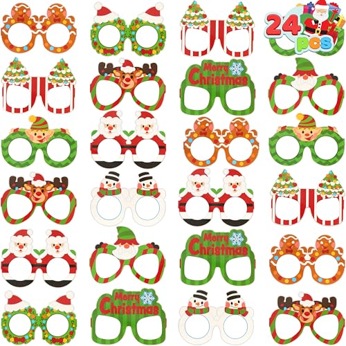 JOYIN 24 Pcs Christmas Paper Eyeglasses, Christmas Party Glasses with 9 Unique Designs, Christmas Eyewear Accessories Holiday Glasses for Adults and Children Game Props Photo Tools