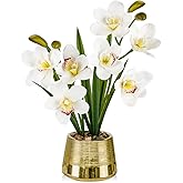 White Orchids Artificial Flowers Faux Silk Cymbidium Orchids in Gold Pot Fake White Orchid Flower Arrangements Orchid Centerpiece Faux Orchid Plant for Dining Room Table Decoration