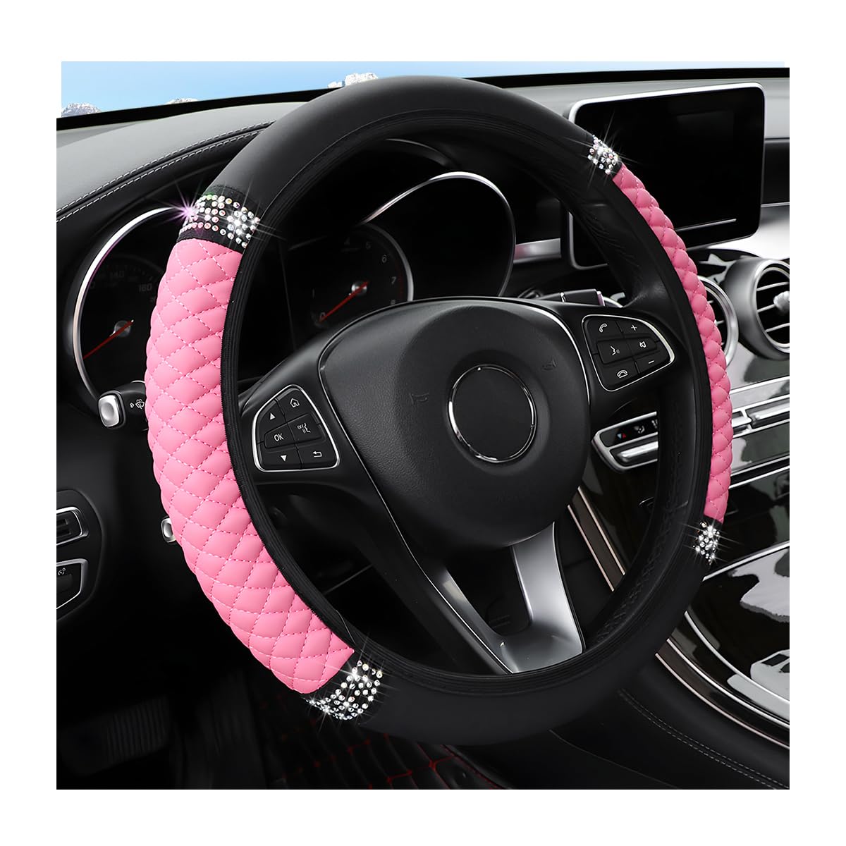 Bling Car Steering Wheel Cover, 15 Inch Rhinestones Soft Leather Elastic Steering Wheel Protector, Sparkly Crystal Diamond for Women Girls, Car Interior Accessories for Most Cars (Pink)