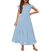 HOSIKA Girls Maxi Dress Ruffle Sleeve Swiss Dot A Line Tiered Flowy Casual Party Dresses with Pockets for 6-12 Y