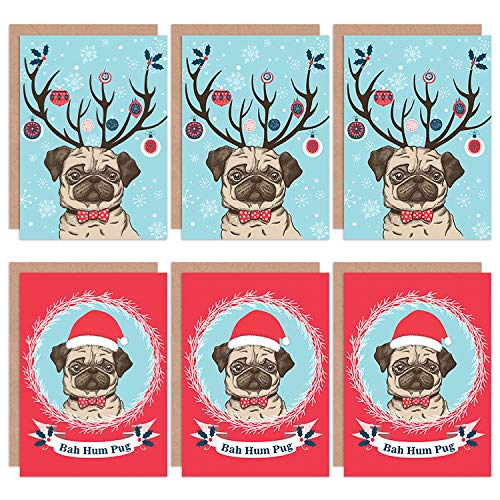 Wee Blue Coo Christmas Cards x6 Pug Dog Cute Funny Bah Humbug Set (2 Designs)