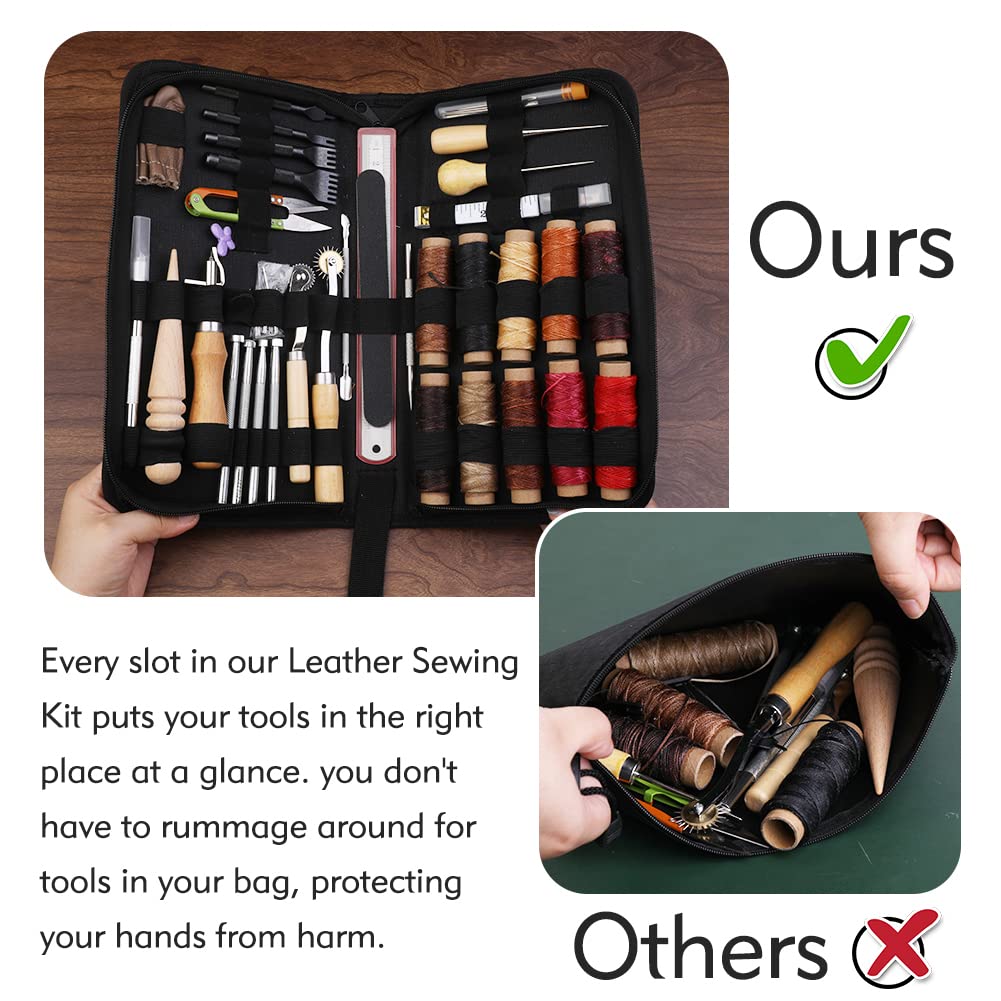 60 Pcs Leather Working Kit Leather Sewing Kit Leathers Craft Tools with Storage Bag Stamping Tools Stitching Groover Waxed Thread Prong Punch for Craft Making Stitching and Punching