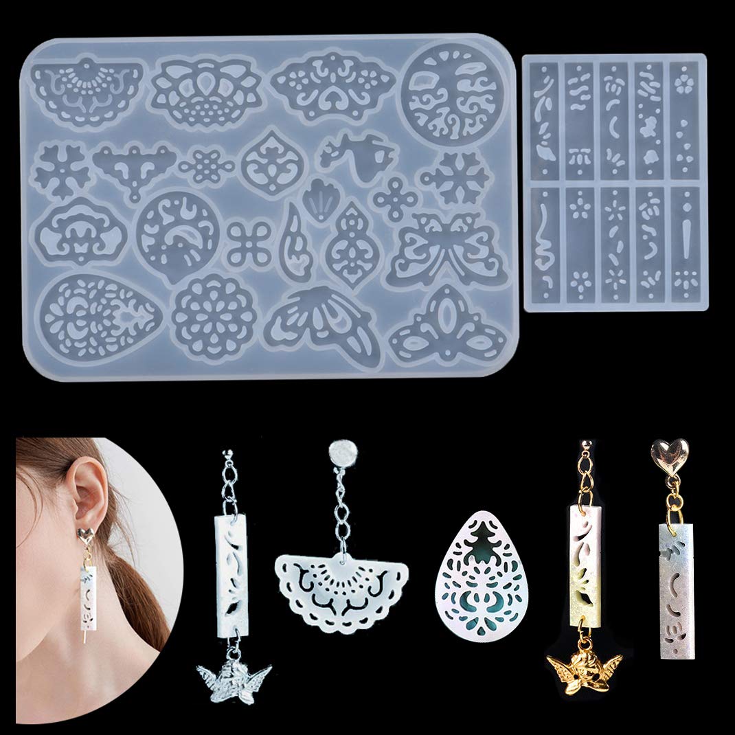 iSuperb Resin Earring Silicone Moulds Pendant Earring Moulds Epoxy Resin Casting Polymer Clay Jewelry Making for DIY Women Accessories Crafts, 2 Pieces of Moulds 30 Beautiful Patterns