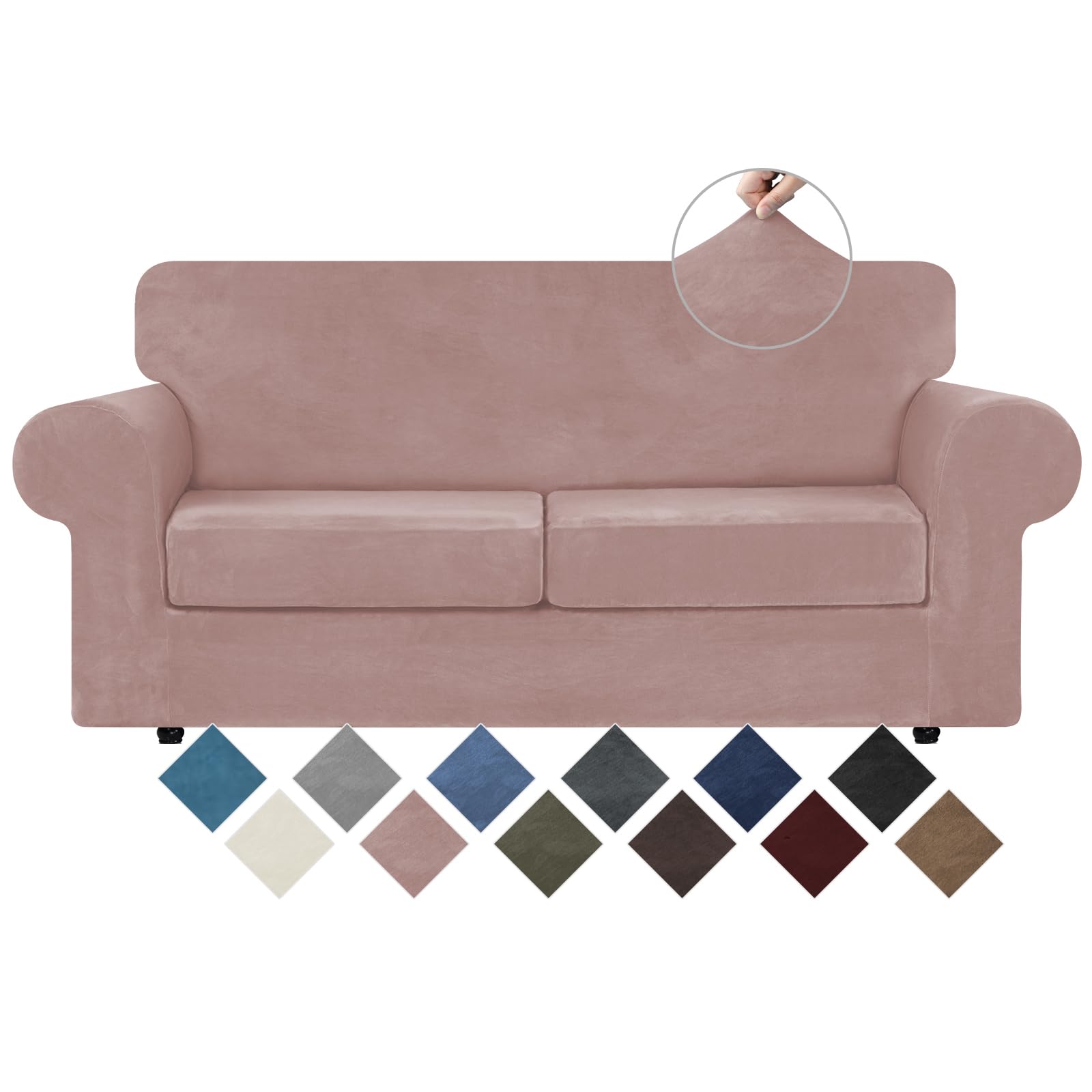 Photo 1 of WEERRW Velvet Couch Covers for 2 Cushion Couch Sofa - High Stretch Luxury Velvet Plush 3 Pieces Sofa Slipcovers with Elastic Bottom, Furniture Protector for Pets, Machine Washable, Pink, Medium