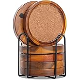 Acacia Wood Cork Coasters with Holder - Absorbent Rustic Cork Coasters for Coffee/Dining Tables & Desks - Set of 6, 4.13in Dark Brown