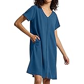 SIORO Women Zipper Robes Waffle Short Sleeve Bathrobe Lightweight Housecoat Knee Length Nightgown Loungwear with Pockets