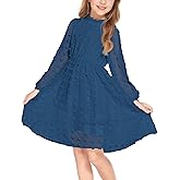 Flypigs Girls Dresses Swiss Dot Flared Sleeve Ruffle Collar Party Dress Casual Midi Dress for Kids Girl 5T-13Y