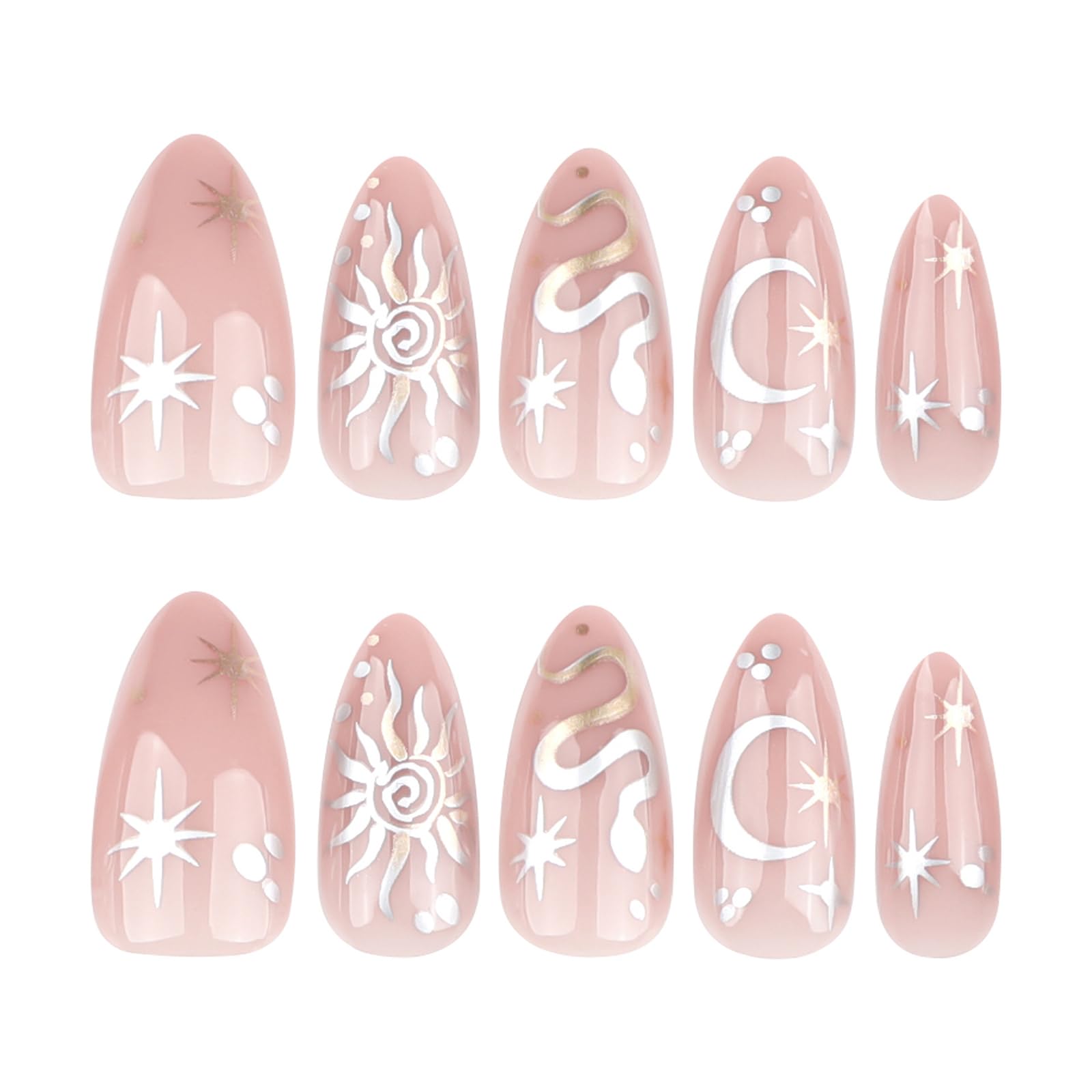 24 Pcs Almond Press on Nails Short Fake Nails with Glue Nude Almond False Nails with Snake Stars Moon Pattern Design Acrylic Nails Press ons Artificial Glue on Nails Holiday Stick on Nails for Women - Image 5