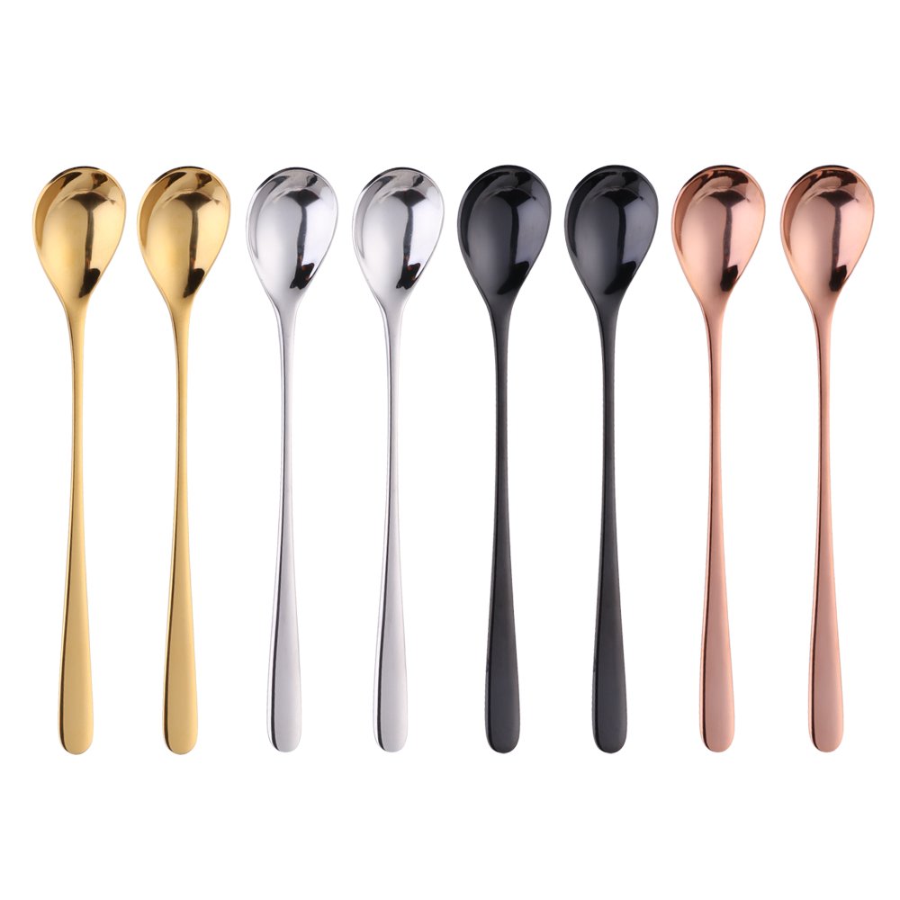 BISDARUN Latte Spoons Long Handle Teaspoons 18/10 Stainless Steel Spoons for Dessert Cocktail Ice Cream Sundae Coffee, 8 Inch/20.5 CM, Set of 8 (4 Color)