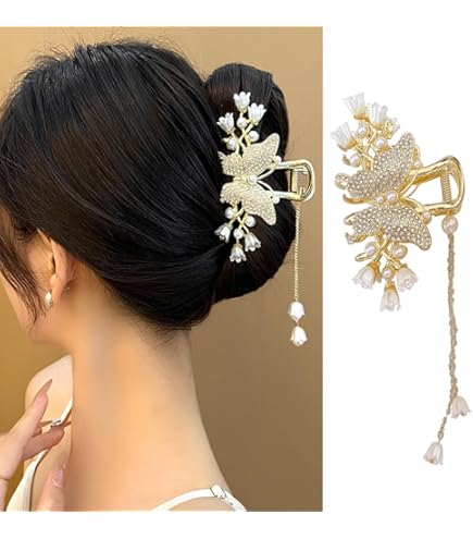 Amazon.com : Yheakne Vintage Pearl Hair Claw Clip Metal Gold  display picture 3