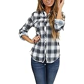 NUOREEL Women's Classic Plaid Flannel Shirt Button Down Roll Up Long Sleeve Casual Blouse Top