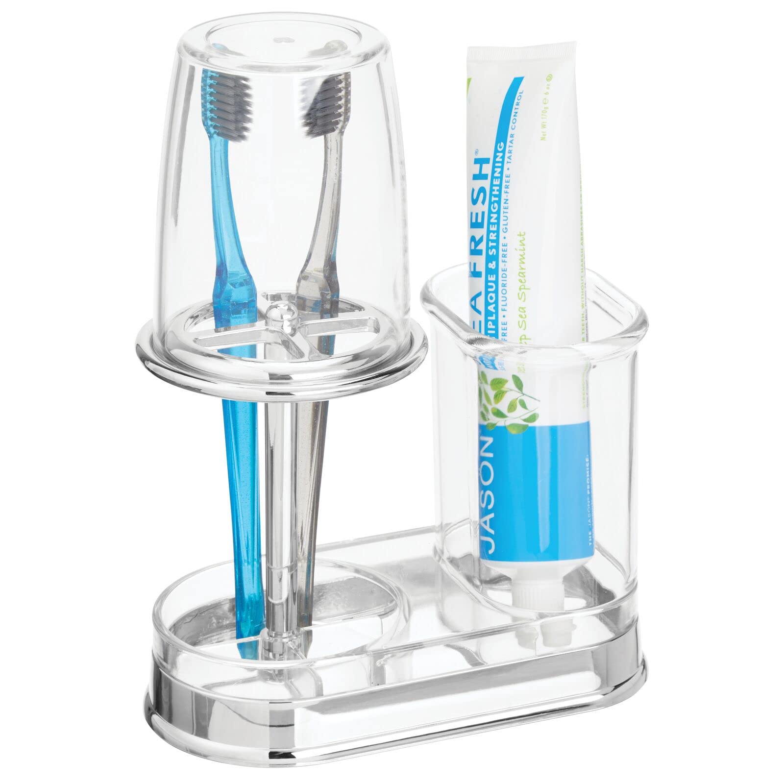 mDesign Toothbrush Holder Set — Storage Stand for Holding Bathroom Accessories — Toothpaste and Toothbrush Holder with Cover/Tumbler — Clear/Silver