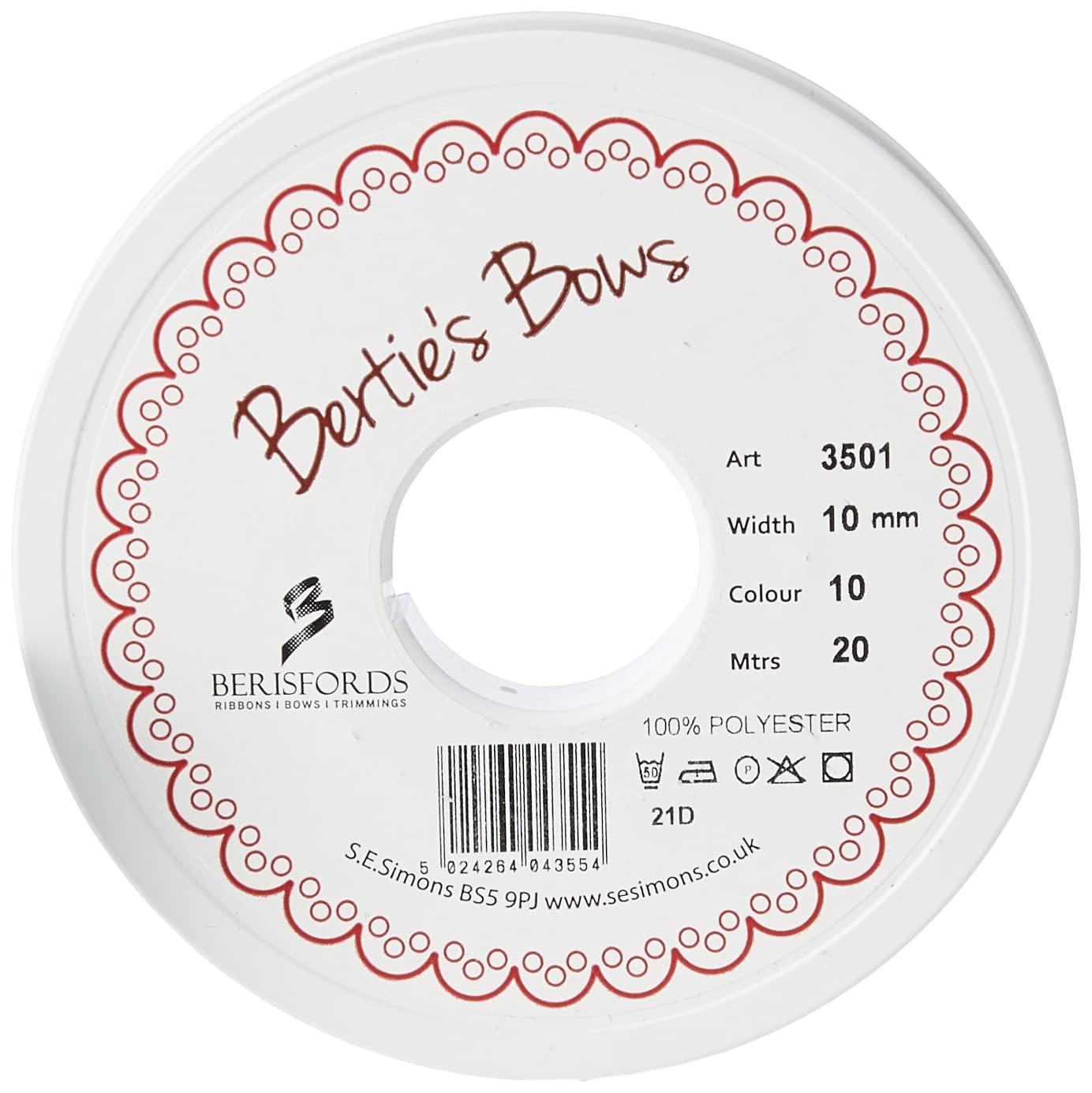 Berisfords 3501 10mm 10 Black Double Satin Ribbon x 20mtr, 20m — image 1