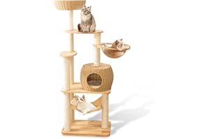 SHODMI 59" Big Modern Cat Tree Tower, Cat Tower Sisal-Covered Scratching Posts for Indoor Cats, Oak Wood Cat Tree for Large Cats, Multi-Level Cat Condo with Space Capsule Nest, Cat Furniture Activity Centre