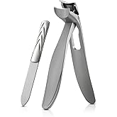 BEZOX Toenail Clipper for Seniors - Angled Toe Nail Clippers for Thick Nails for Seniors, Ergonomic Fingernail Clipper with Metal Nail File - Silver