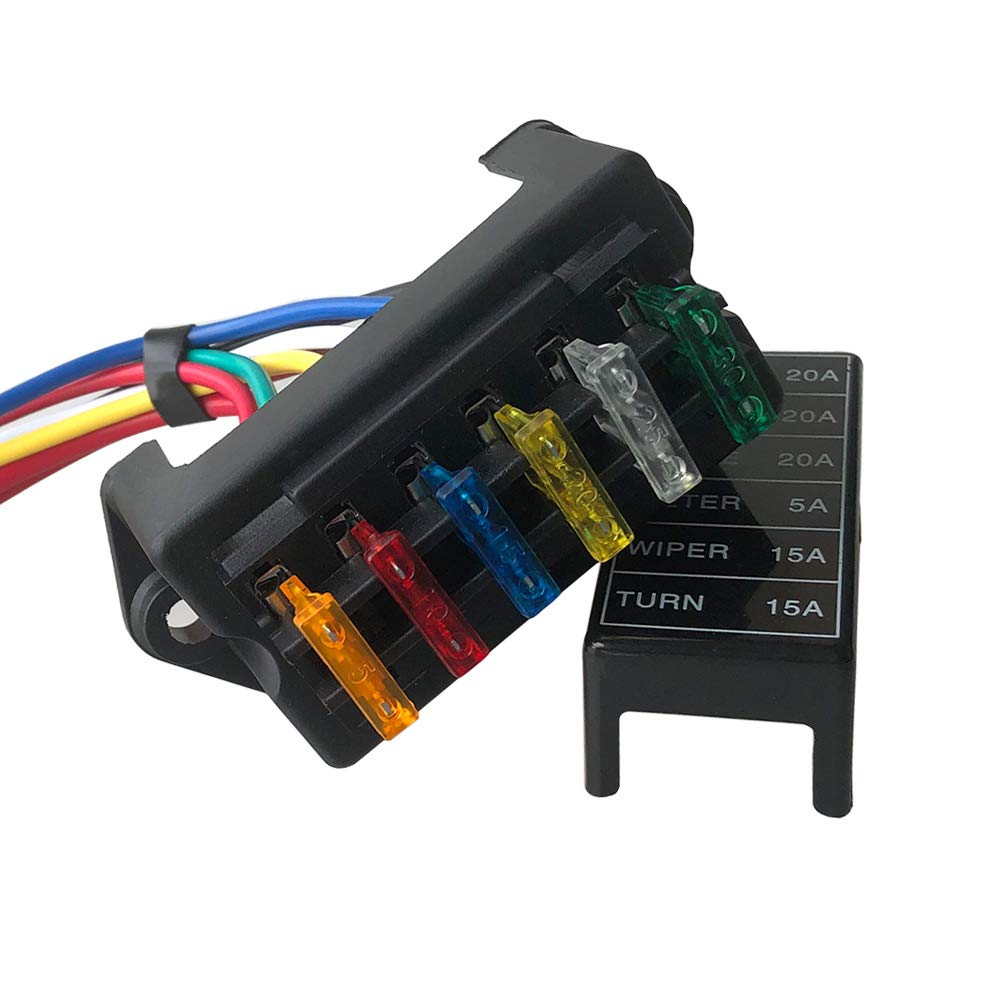 QitinDasen Premium 6 Way Car Blade Fuse Block Box, 2 Input 6 Output Standard Holder, with Wire and 10Pcs Standard Fuse, for Car Boat Marine Trike (12V / 24V / 32V / 48V)