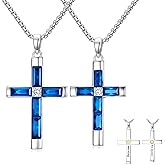 CEKAMA Couples Cross Pendant Necklace Matching Set His & Hers 925 Sterling Silver Radiant Cut Blue Birthstone King Queen Cross Couple Necklace Jewelry Gift for Mens Womens