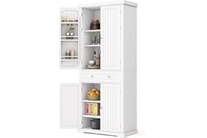 LOKO 72" Tall Kitchen Pantry Storage Cabinet, Freestanding Cupboard Cabinet w/ 4 Doors, 3-Position Adjustable Shelves, Multifunctional Storage Cabinet for Dining Room, Laundry, Living Room, White