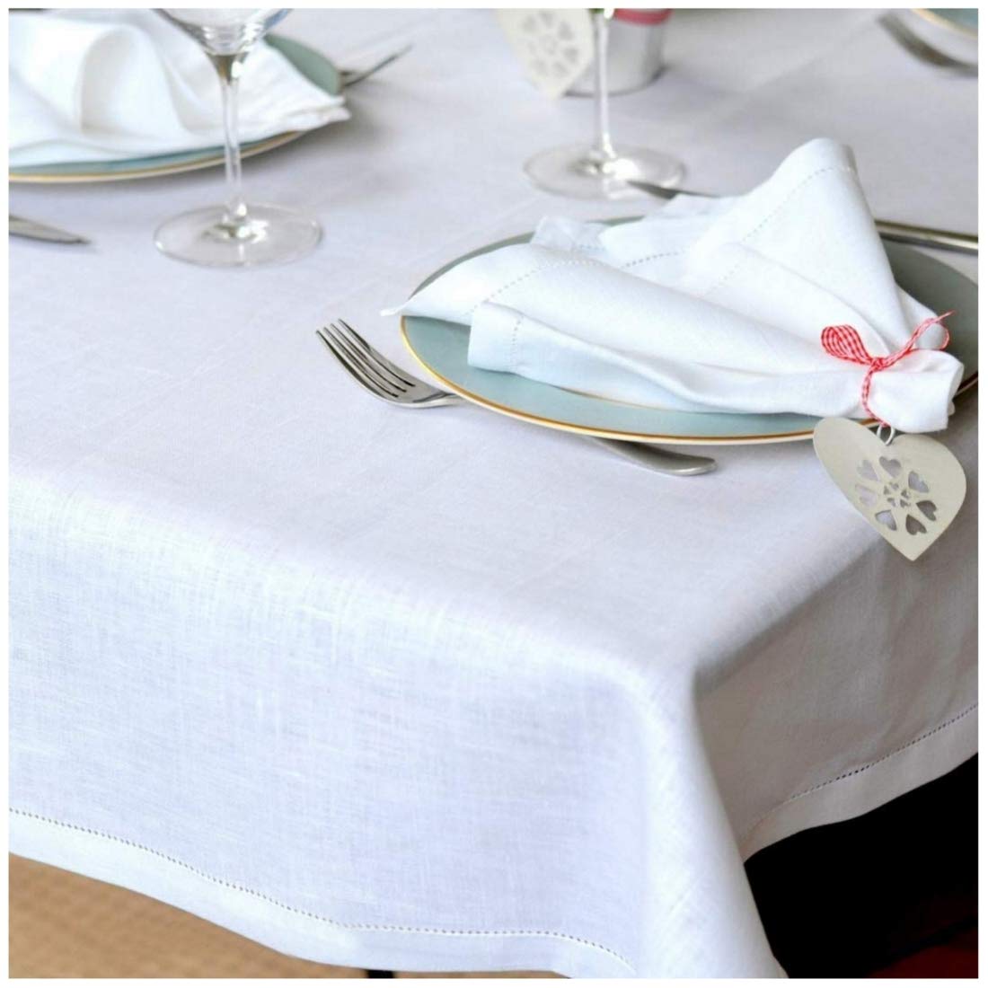 Linen & Cotton White Hemstiched Tablecloth FLORENCE, 100% Linen - 143 x 350cm (57.2'' x 140'') — image 1