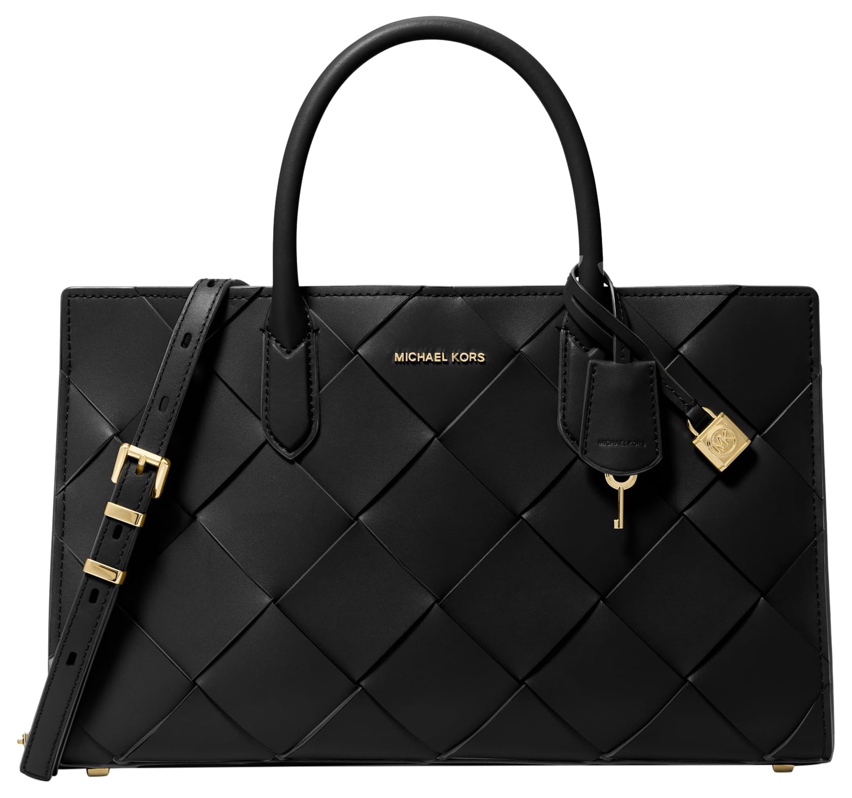 Michael Kors Scarlett Medium Satchel, Gold-Tone Hardware/Woven Leather/Black