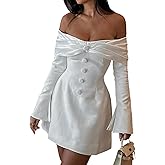 Geulis Women's Sexy Off The Shoulder Mini Dress Bell Long Sleeve a Line Going Out Club Party Dresses