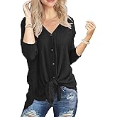 IWOLLENCE Women's Waffle Knit Tunic Blouse Tie Knot Henley Tops Loose Fitting Bat Wing Plain Shirts