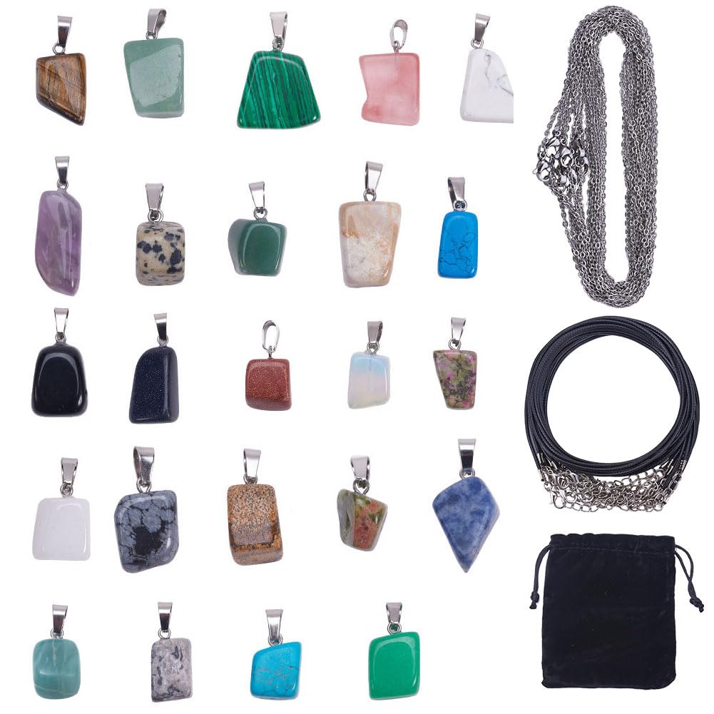 SUNNYCLUE 1 Bag 48Pcs 24 Sets 24 Styles Irregular Shape Healing Gemstone Chakra Beads Crystal Stone Charms Pendants with Stainless Steel Chain Leather Cord Necklace for Jewellery Making Adults