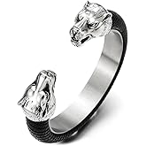 COOLSTEELANDBEYOND Mens Steel Wolf Head Open Cuff Bangle Bracelet Inlaid with Black Leather Elastic Adjustable