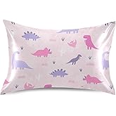 xigua Pink Cartoon Dinosaur Silky Satin Pillowcase, Luxury Soft Pillow Case for Hair and Skin, Standard Size Slip Cooling Pillow Covers with Envelope Closure, 20x26in