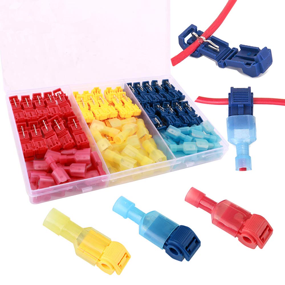 QitinDasen 110Pcs (55 Pairs) Premium T-Tap Wire Terminals Kit, T-Tap Self-Stripping Wire Connectors with Nylon Fully Insulated Male Quick Disconnect (Red 40Pcs, Blue 40Pcs, Yellow 30Pcs)
