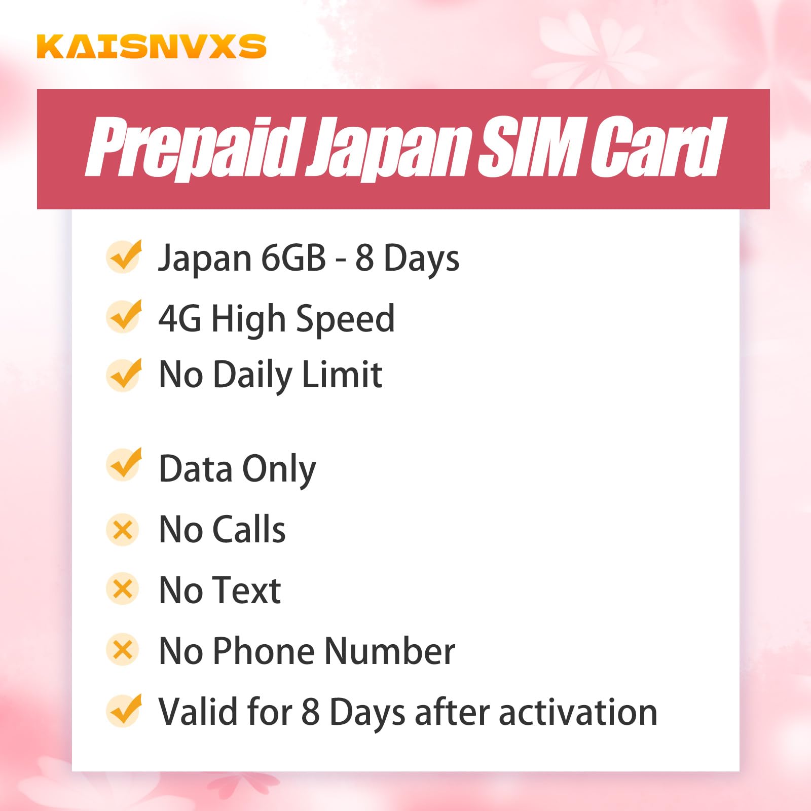 KAISNVXS Prepaid Japan SIM Card for 8 Days 6GB - Plug and Play 4G/5G LTE High Speed Japan Data SIM Card (No Low Speed), Hotspot tethering Supported, Data Use Only, No Calls/SMS