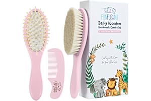 FUNFUSHKA Baby Hair Brush Set for Newborns - Baby Brush and Comb Set - Ultra Soft Goat Hair Bristles, Perfect for Cradle Cap, Newborn Showers & Registries Gift, Comb Brush for Girls & Boys (Rosa)