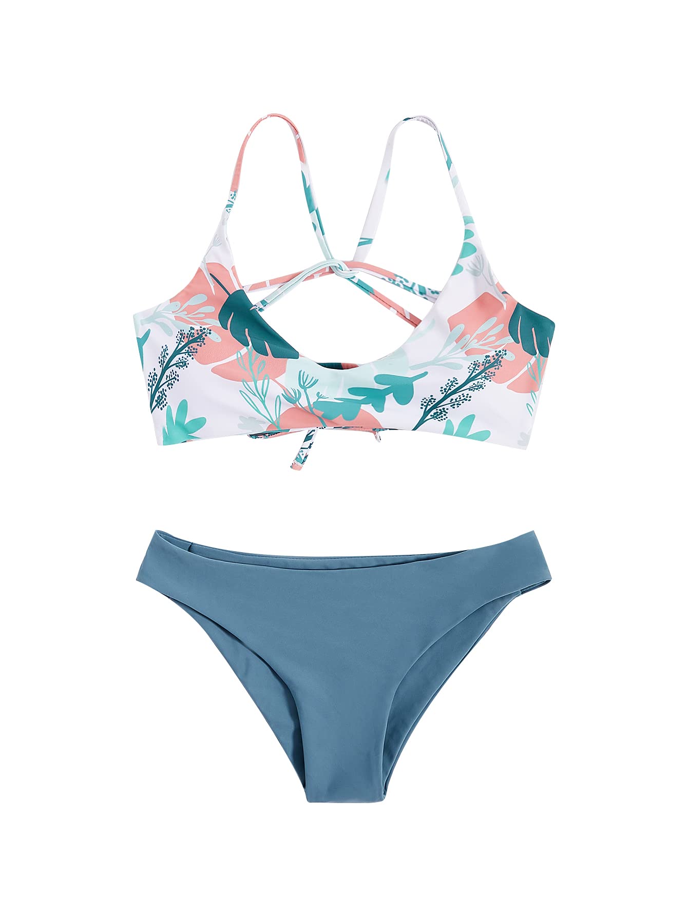 Photo 1 of SweatyRocks Women's Sexy Bathing Suit Floral Print Cross Back Bikini Set Swimsuits Dusty Blue Multi M