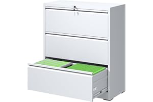 FLIXELIO File Cabinets 3 Drawer,Metal Office Storage Filing Cabinet with Lock,White Lateral Filing Cabinet for Home Office,Horizontal Locking File Cabinets for Legal/Letter/A4,Assembly Require,White