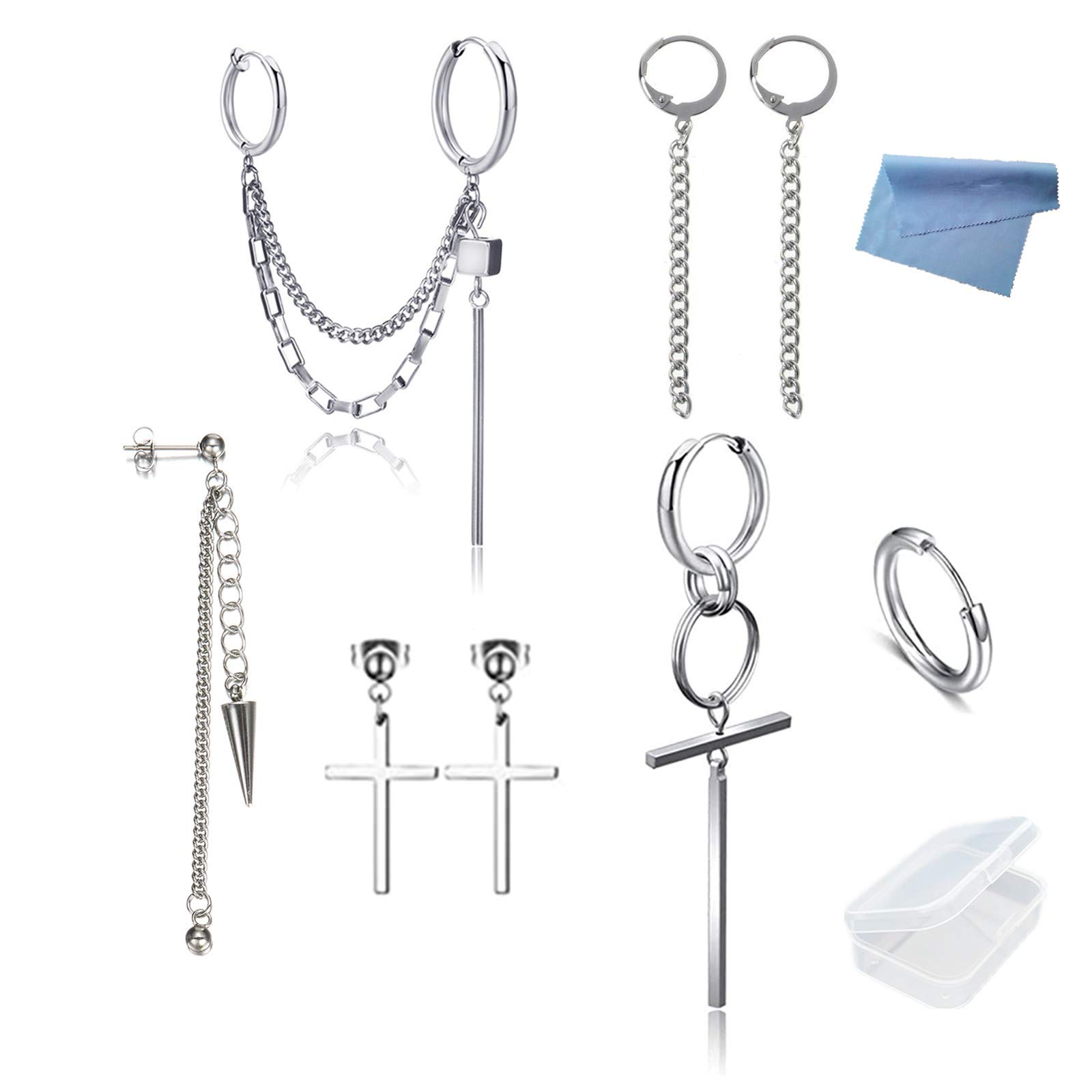 XHBTS 8 Pieces Hip Hop Stainless Steel Tube Dangle Earrings Circle Clip On Hoop Earrings Cross Earrings Blade Drop Dangle Earrings for Women Men with Mini Cloth and Mini Box