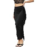 Women's Long Bodycon Pencil Skirt Elastic Waist Maxi Skirts with Side Fringe Tassels Western Concert Party Outfit
