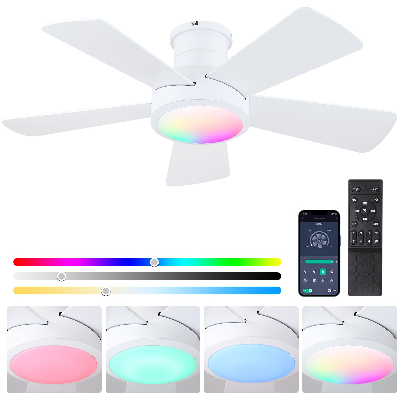 Ceiling Fans with RGB LED Lights, Modern Low