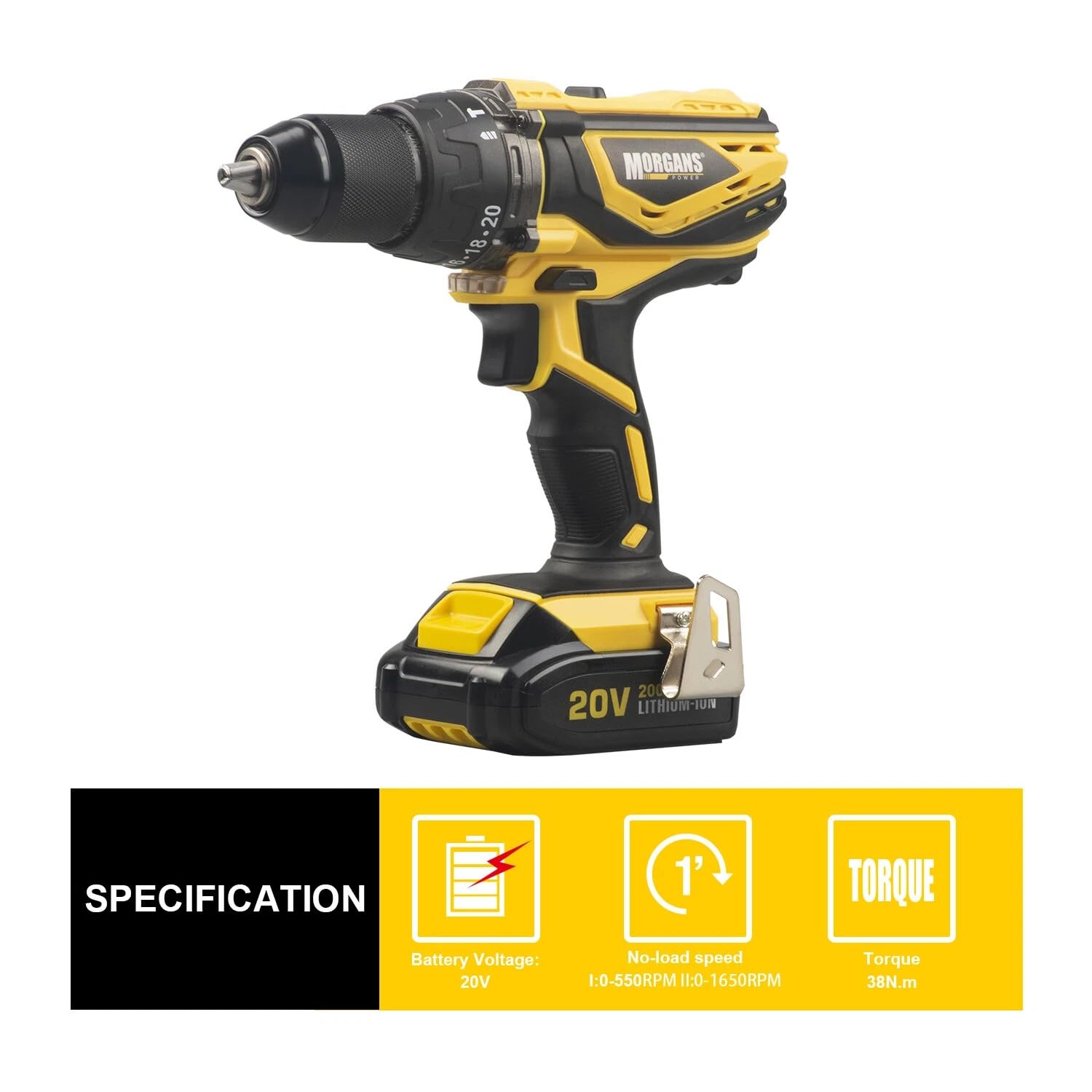 Morgans Power 20V Cordless Drill Driver Set, 2-Speed Electric Screwdriver with LED Light, 13mm Keyless Chuck, Variable Speed Trigger, Li-ion Battery, Charger, Bits and Carry Case