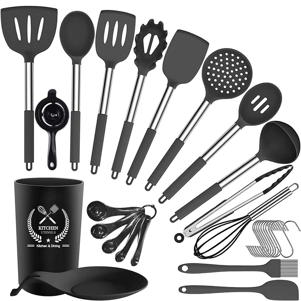 Silicone Kitchen Utensils Set,30 Pcs Silicone Cooking Utensils Set,Stainless Steel Cooking Utensils Heat Resistant Cookware,Cooking Tools with Holder for Non Stick Pans (Black)