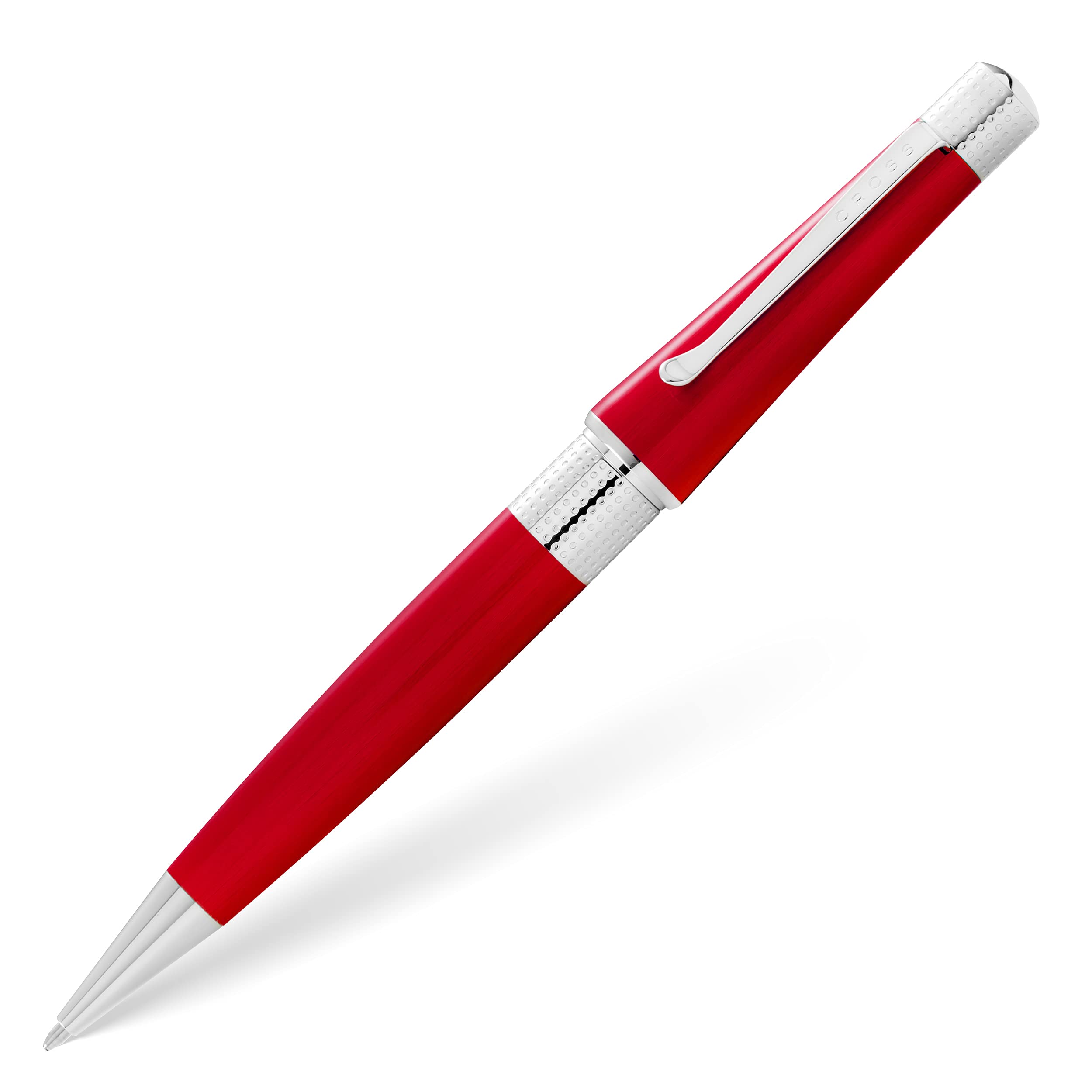 CROSS Beverly AT0492-27 Refillable Brass Ballpoint Pen with Polished Chrome Appointments, Medium Point, includes Premium Gift Box and Black Cartridge, 1 Pack, Translucent Red Lacquer