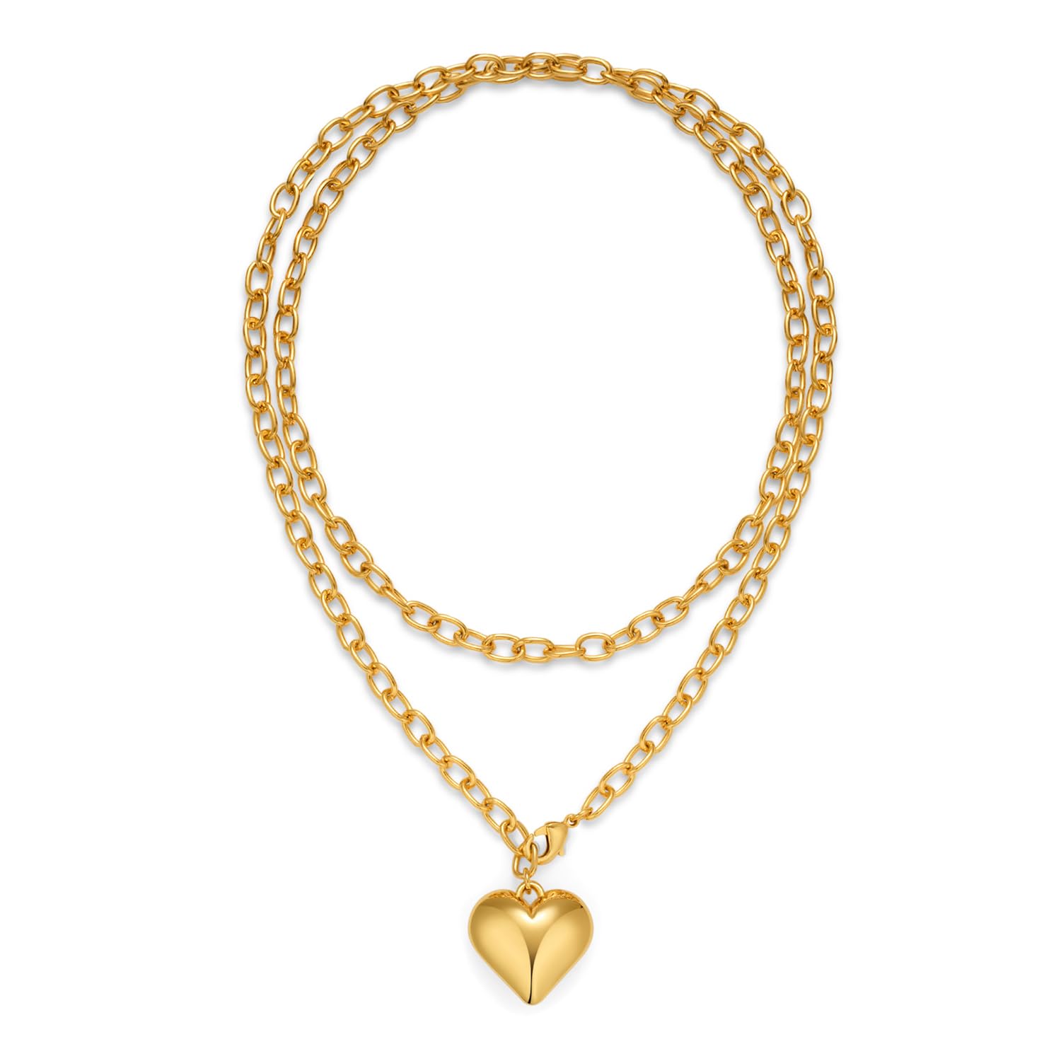 Photo 1 of CLASSYZINT Gold Puffy Heart Necklace Layered Choker Necklace Chain Link Necklace with Heart Pendant Boho Long Heart Pendant Necklace