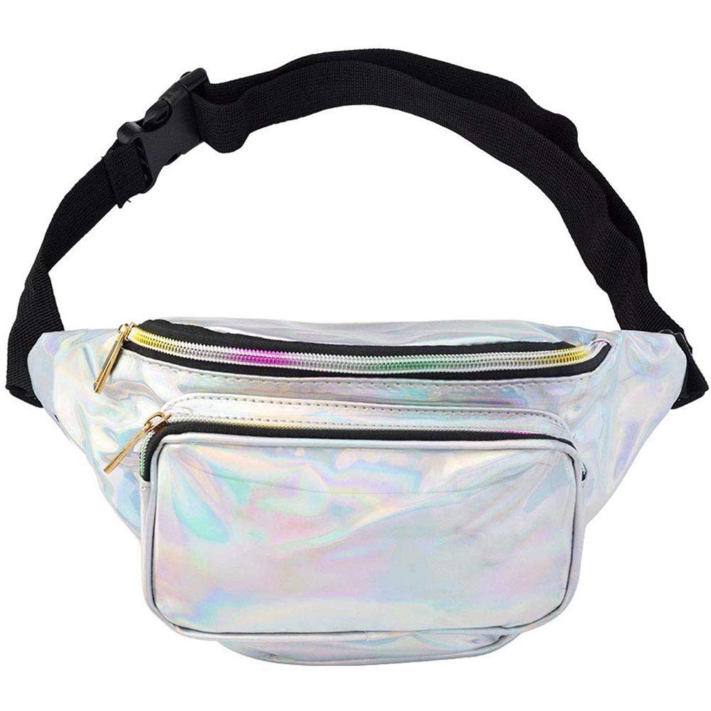 BETOY Waist Bag,Waist Fanny Pack with Adjustable Belt for Rave,PVC Waterproof Shiny Waist Bag,Holographic Fanny Pack Laser Waist Bum Bag with Belt Travel Party Festival Rave Running Hiking (Silver)