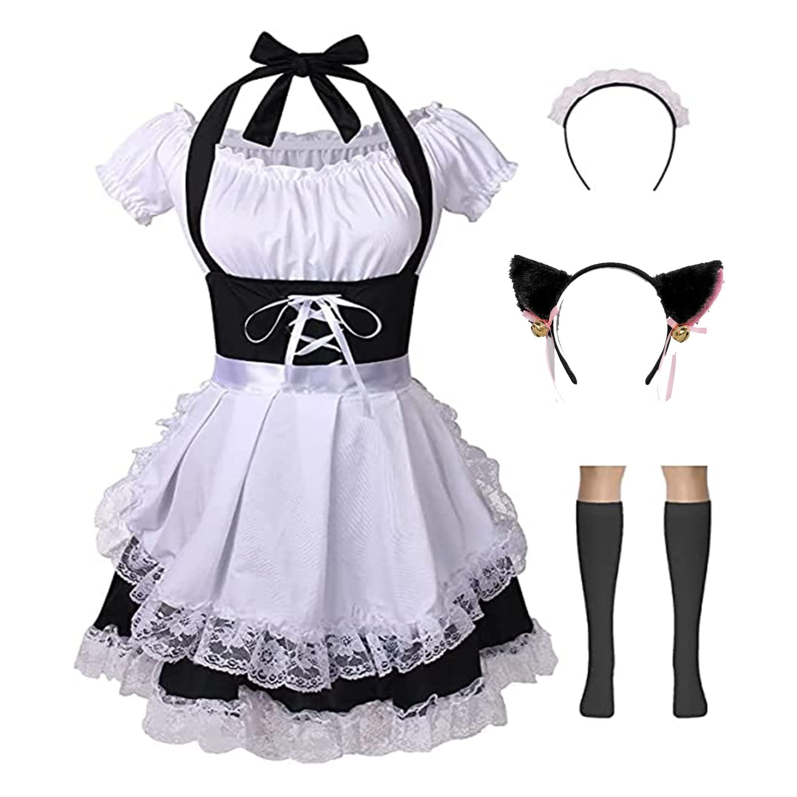 maxToonrain Maid Costume Plus Size,Women's Halloween Costumes Cosplay Cute Party Fancy Dress French Maid Outfit Dress for Womens Girls(Black6pc,M)