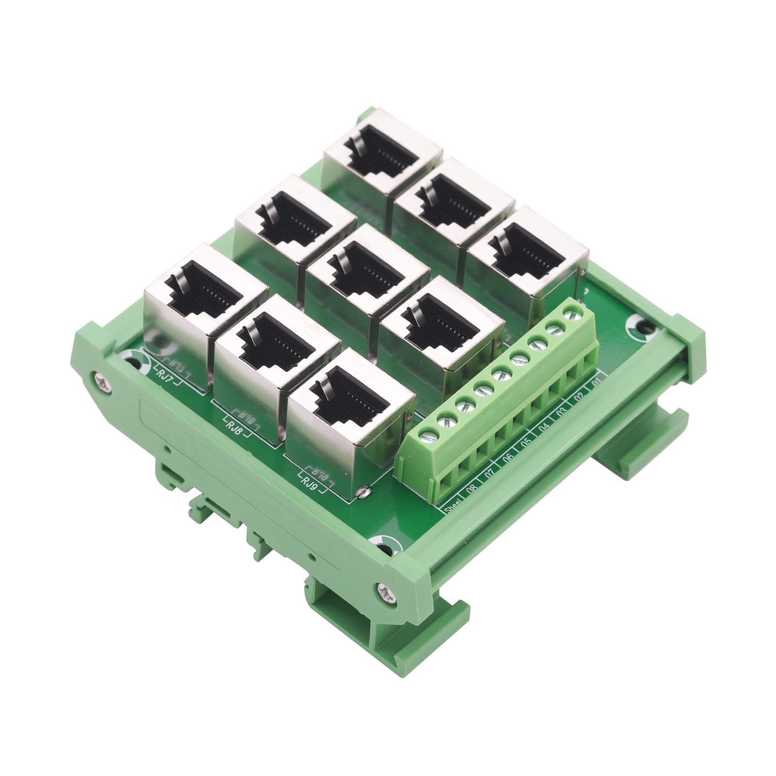 Photo 1 of Jienk RJ45 8P8C 9-Way DIN Rail Mount Ethernet Connector Distribution Breakout Buss Board, RJ45 Vertical Jack Terminal Module