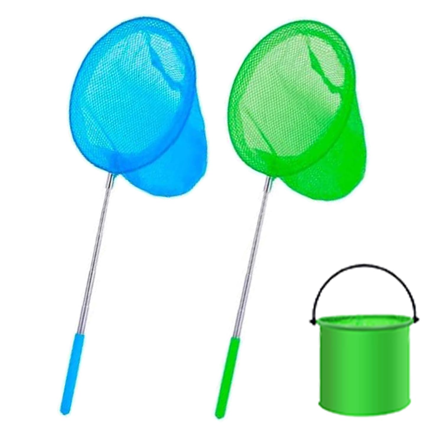 2 Packs Kids Fishing Net,Telescopic Butterfly Net,Pond Net Extendable (35 to 86 cm) with 1 Pack Folding Bucketfor Kids Catching Bugs Insect Small Fish Outdoor Beach Garden Activities (Blue+Green)
