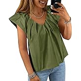 Tankaneo Womens Cap Ruffle Sleeve Tops Summer Dressy Casual V Neck Pleated Blouses Loose Fit Cotton Shirts