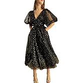 Xijun Women's Sparkle Starry Tulle A Line Puffy Sleeve Prom Dresses with Slit Formal Evening Party Gowns