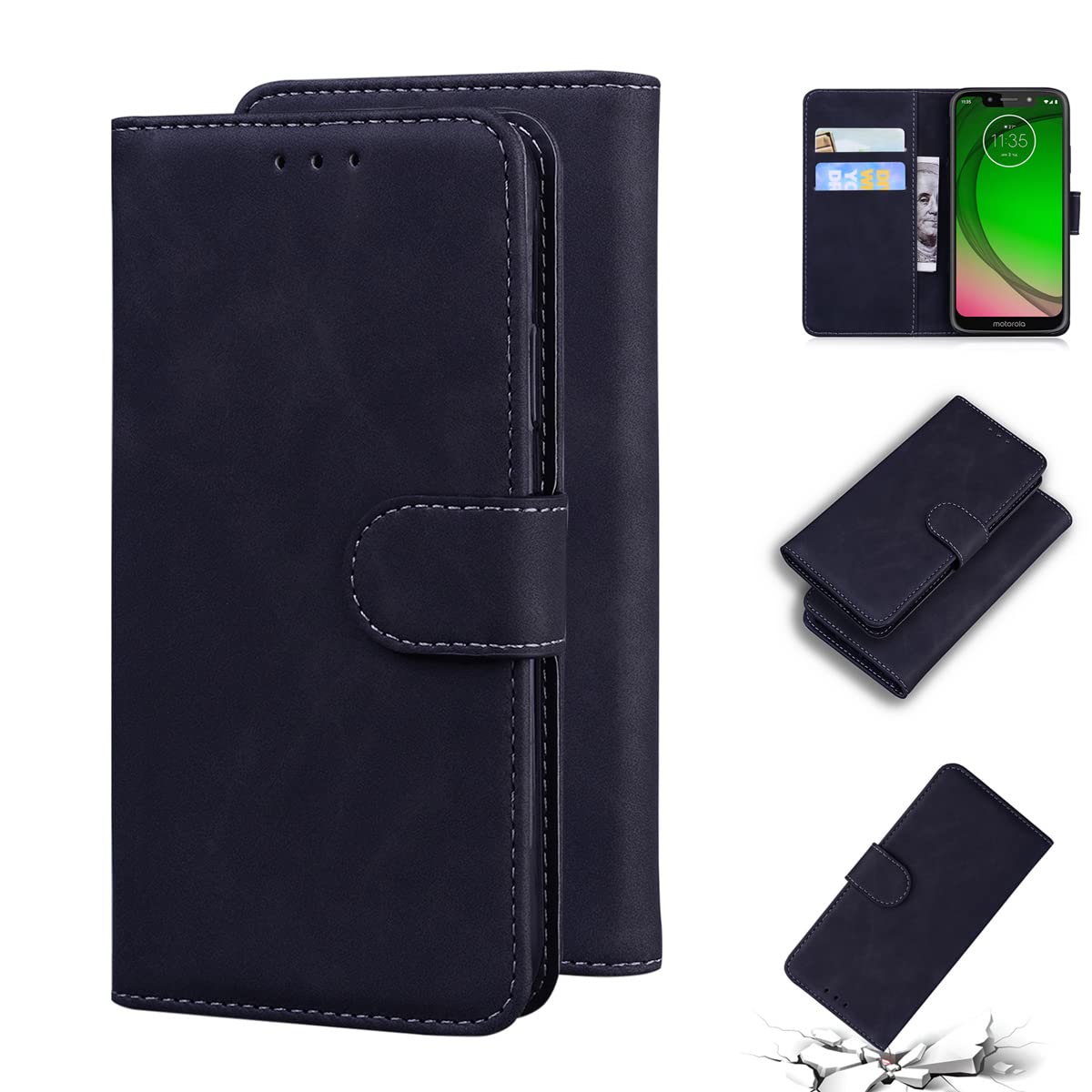 LMFULM® Case for Motorola Moto G7 Play (5.7 Inch) PU Leather Cover Magnetic Holster Wallet Shell Phone Protective Case Stent Function Flip Case Black