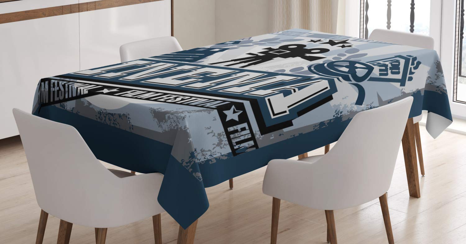 ABAKUHAUS Movie Theater Tablecloth, Vintage Cinema Poster Design Grunge Effect and Old Fashioned, Dining Room Kitchen Table Cover, Rectangular 140 x 200 cm, Blue Black Grey