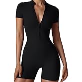 QFE Women Bodysuit Zip Tummy Control Yoga Workout Work Out Gym Set for Athletic Rompers Romper Leotards One Piece Outfit Sexy